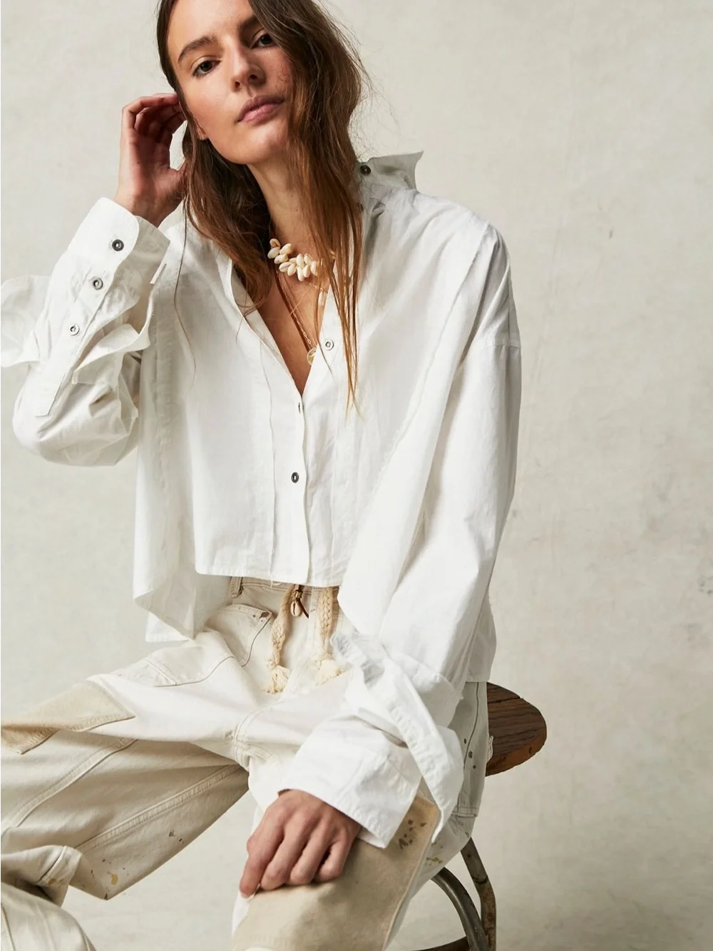 Free People Remade Poplin Shirt Button Down Double Cuff Collared Blue